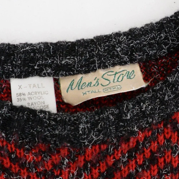 Vintage Men's Store 35% Wool Red Gray Eclectic Grandpa Knit Crewneck Sweater XLT - Picture 4 of 10